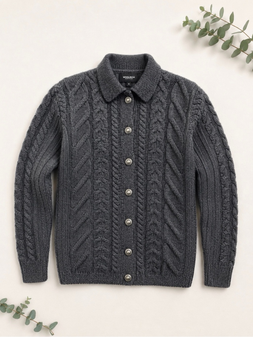Ann Taylor Charcoal Cable-Knit Button wool Cardigan size m made in Hong Kong